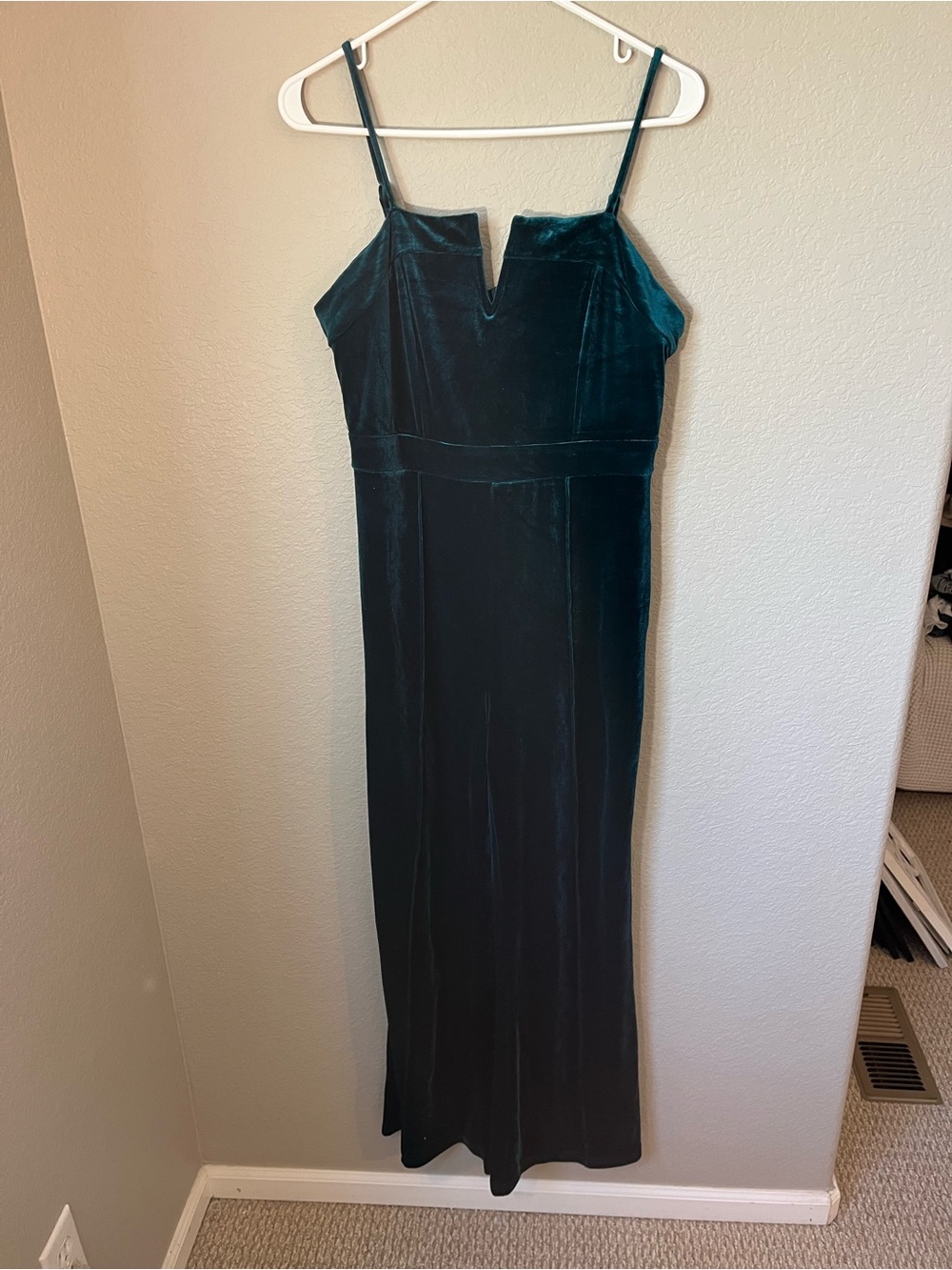 Emerald Teal Velvet Wide Leg Jumpsuit S Notch V Neck Adjustable Straps Holiday